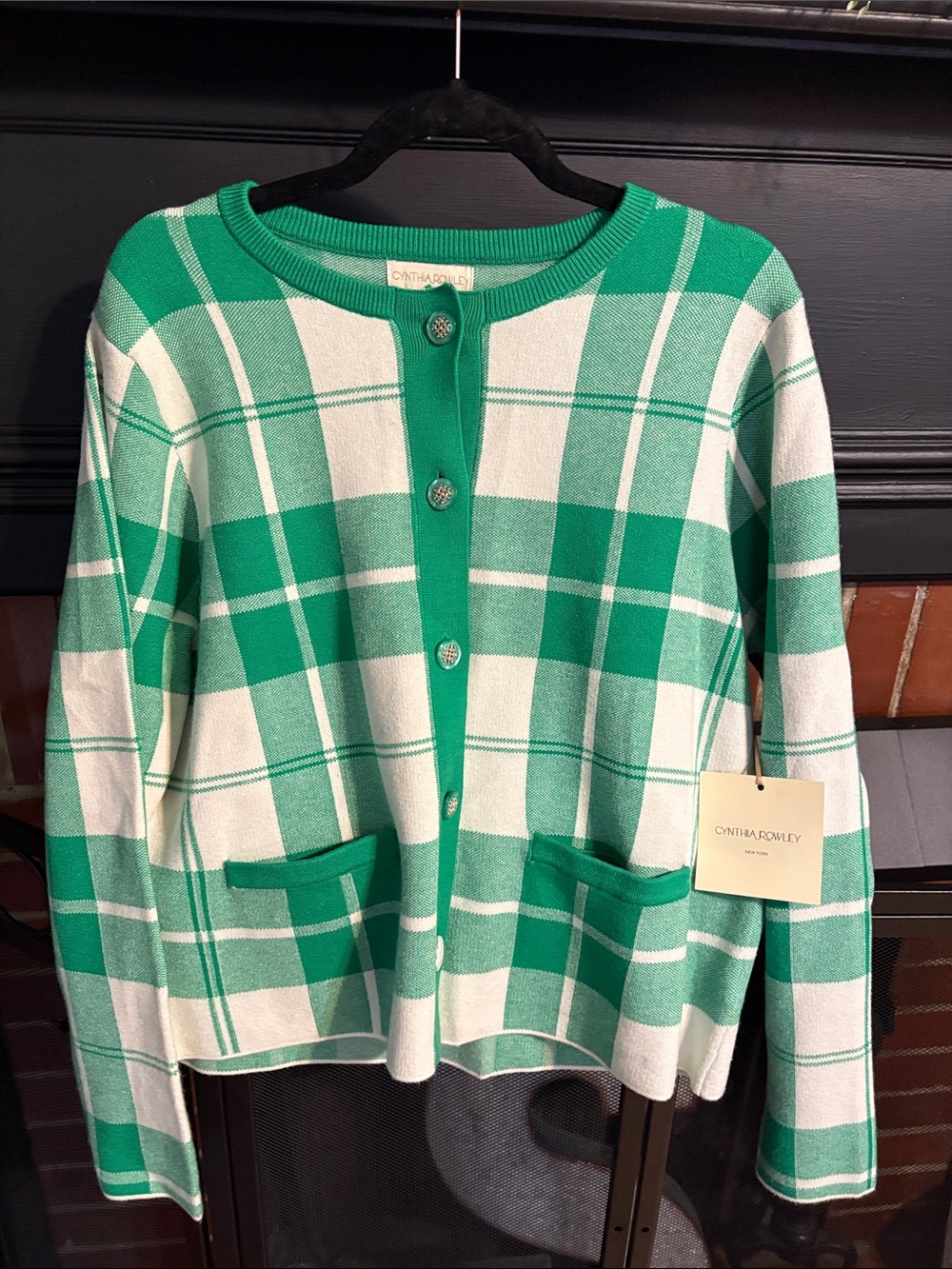 Cynthia Rowley Green and Cream Plaid Button-Up Cardigan